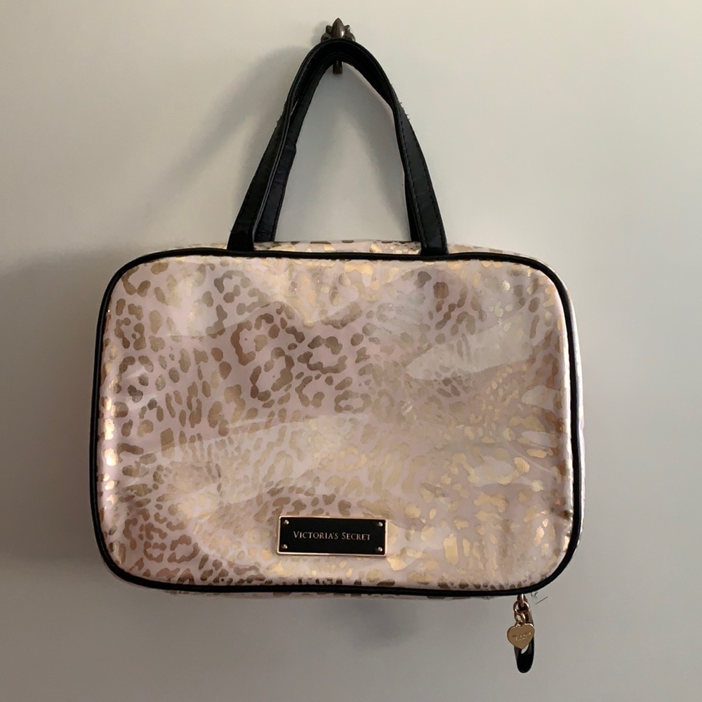 Victoria Secret Makeup Bag travel pouch hangable plastic cheetah gold pink black